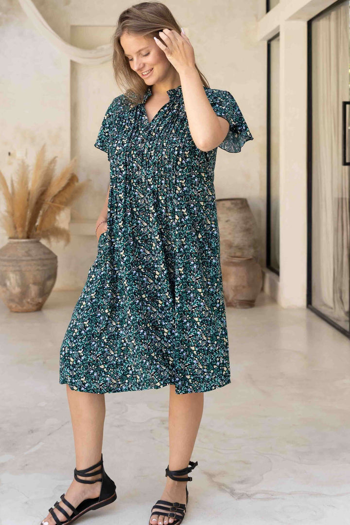 Green Blossom Dress With Frill Sleeve