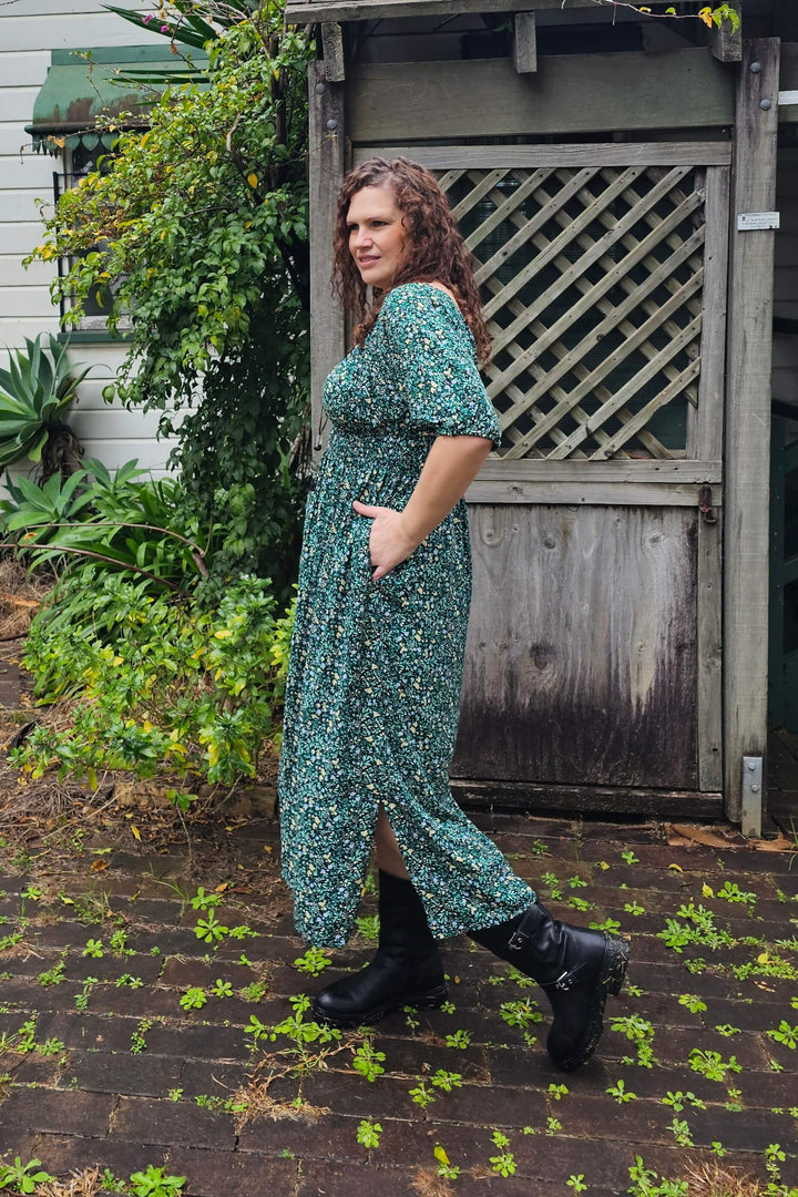Green Blossom Maxi Cinch dress