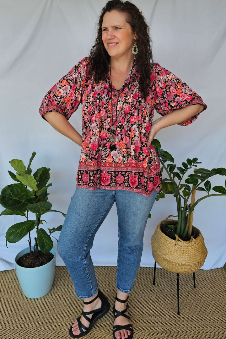 Fuschia Bloom Top with Bell Sleeve