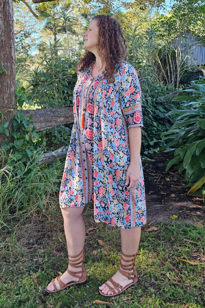 Midnight Bloom Tube Sleeve Pintuck Dress