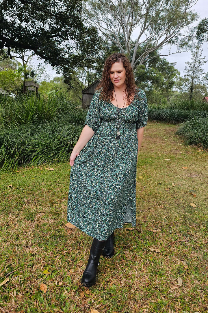 Green Blossom Maxi Cinch dress