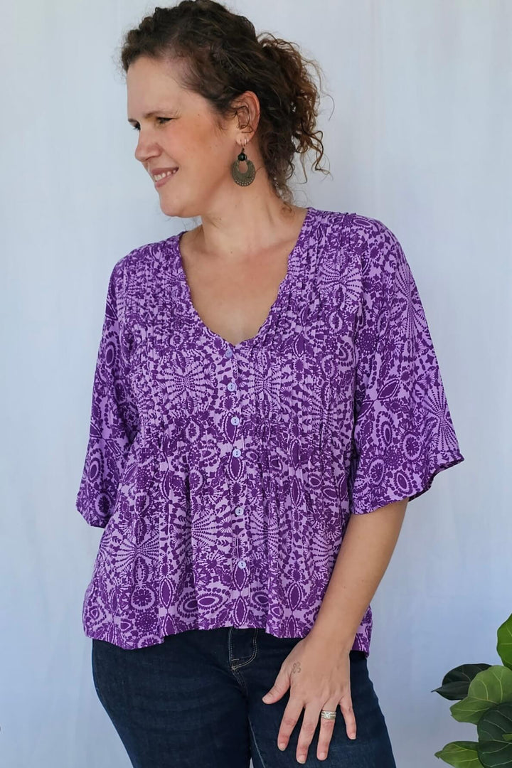 Purple Mandala Top with Flutter Sleeve