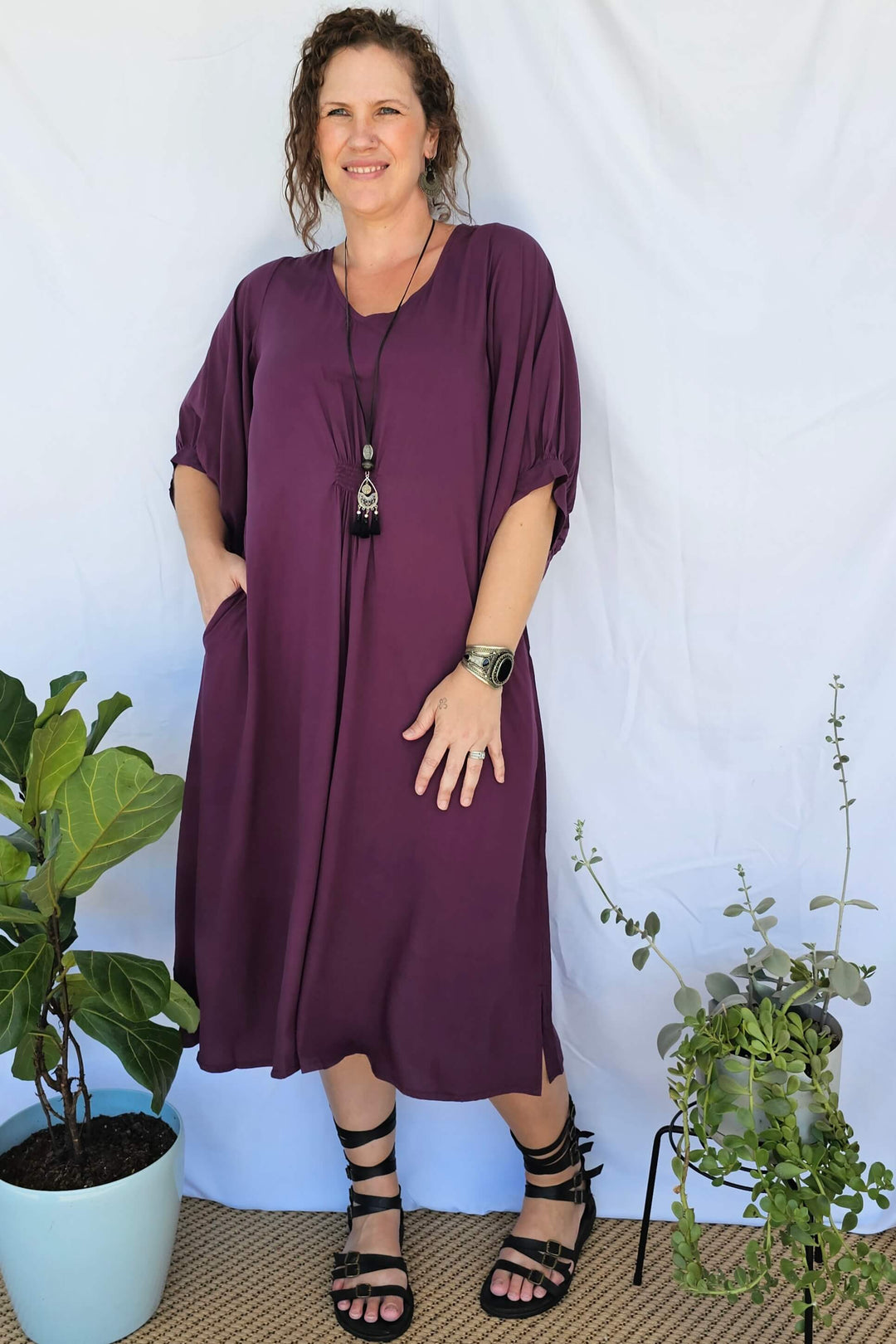 Plum Isla Dress with Bell Sleeve