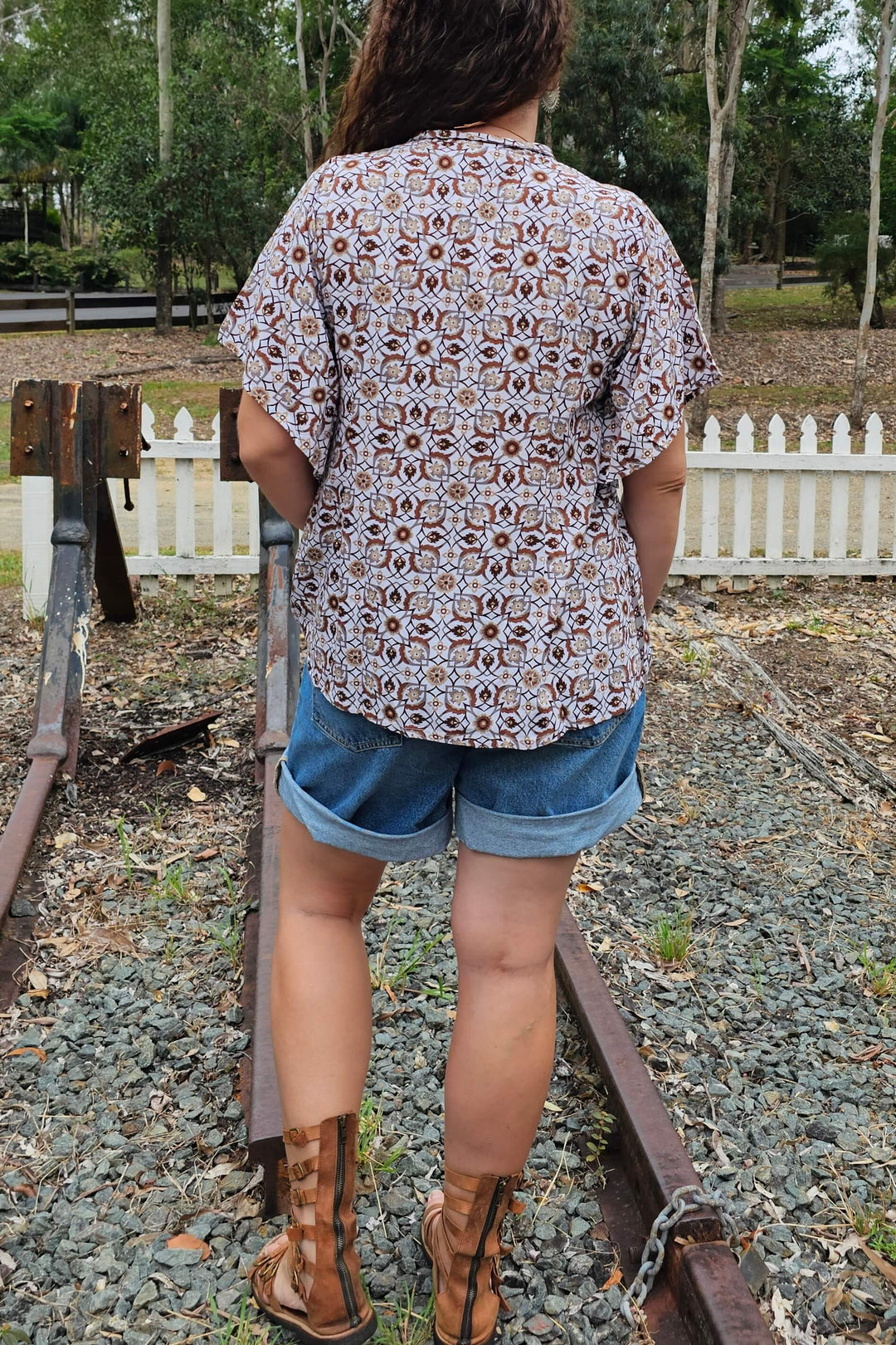 Chocolate Mosaic Top with Drape Sleeve