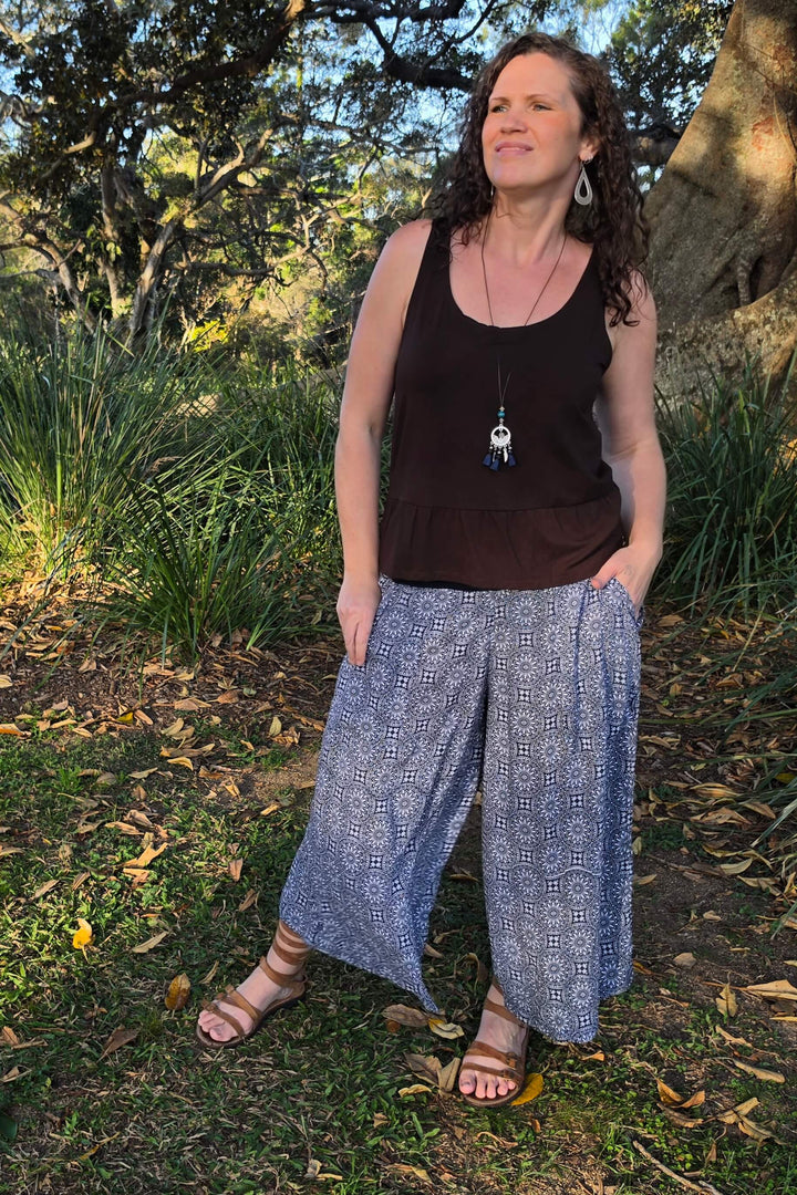 Navy Rosette 7/8 Palazzo Pants
