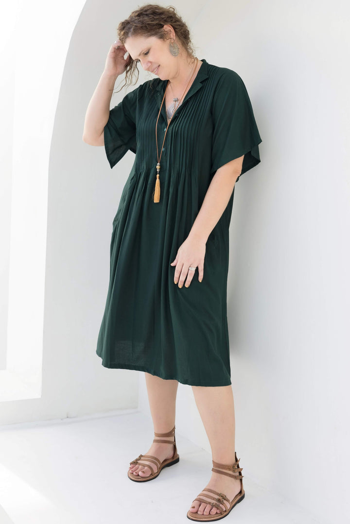 Moody Green Pintuck Midi Dress With Drape Sleeve