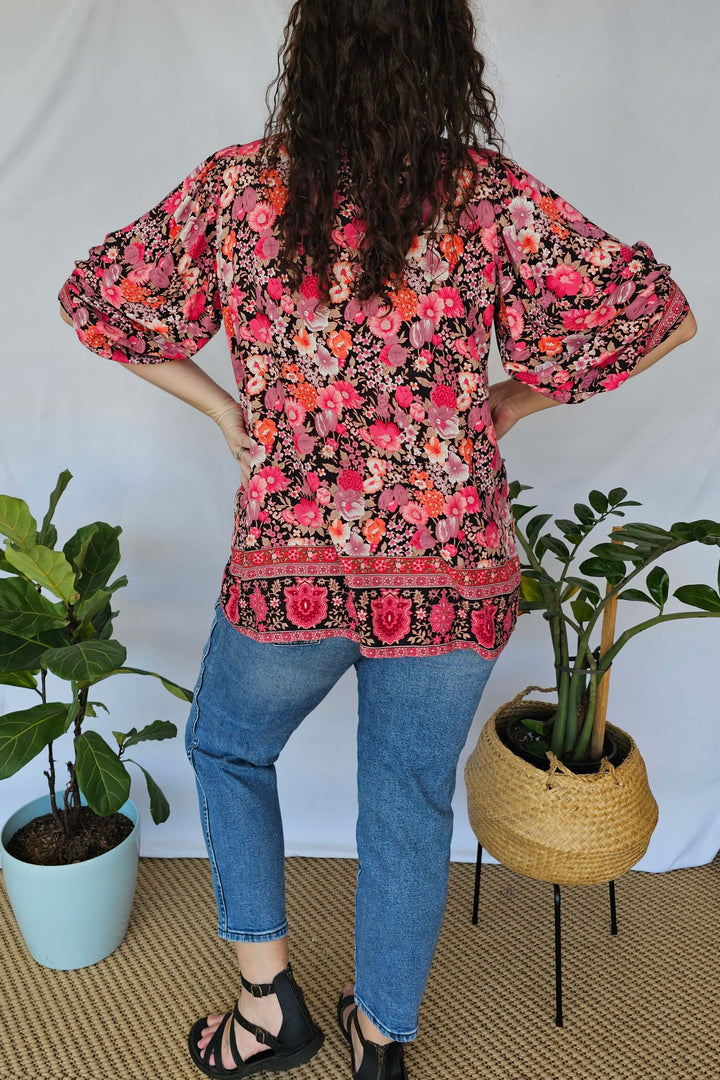 Fuschia Bloom Top with Bell Sleeve