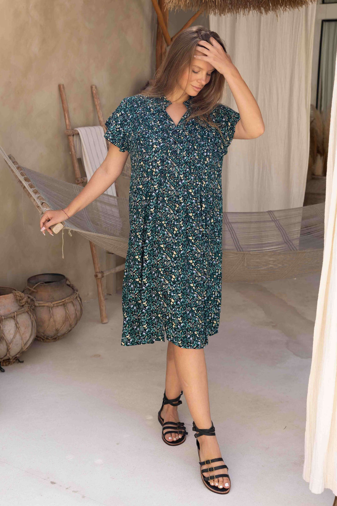 Green Blossom Dress With Frill Sleeve