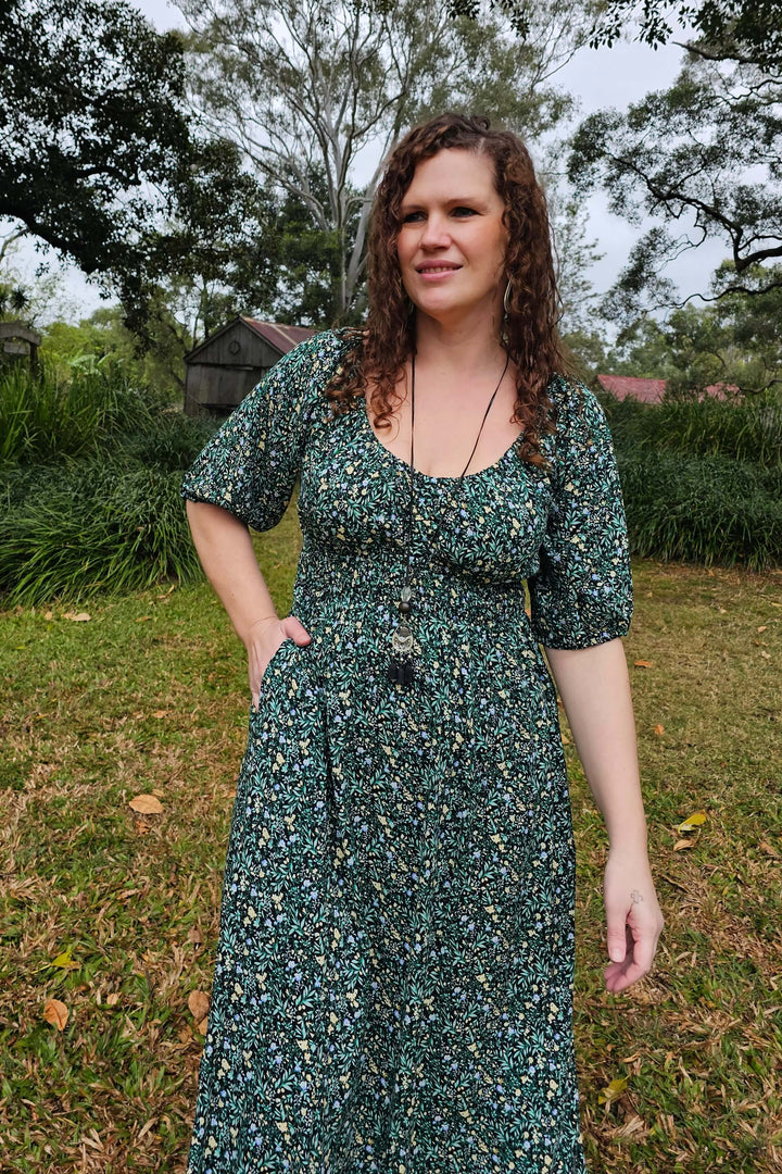 Green Blossom Maxi Cinch dress