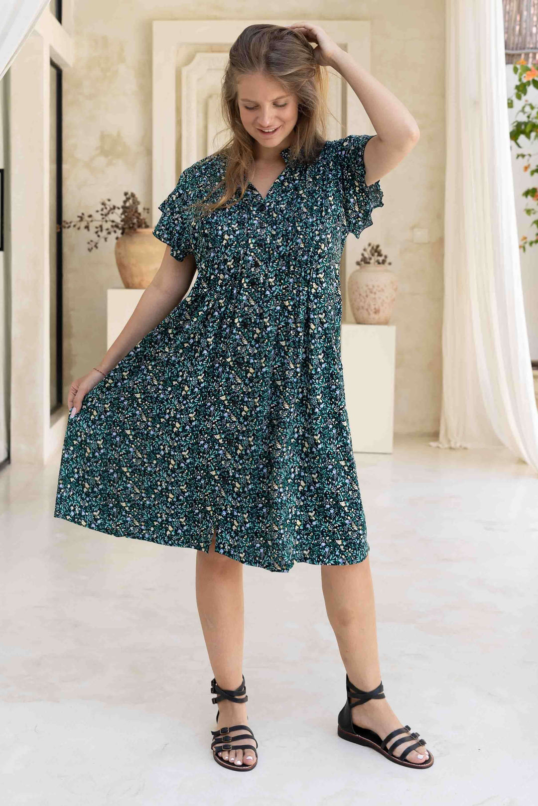 Green Blossom Dress With Frill Sleeve