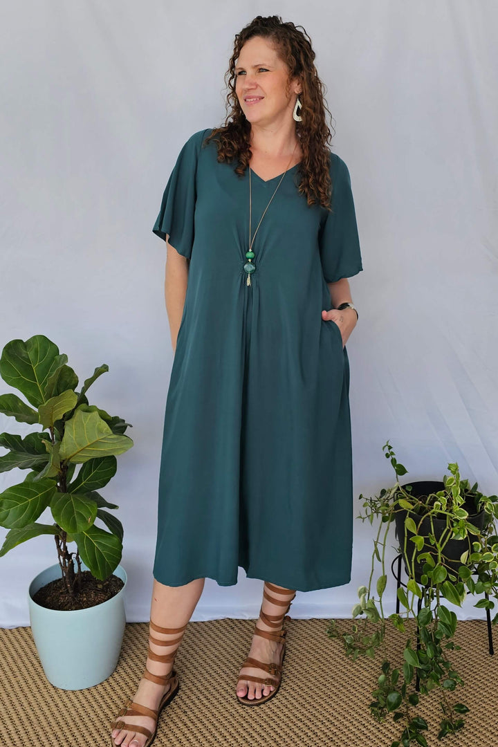 Emerald Ola Dress with Flutter Sleeve