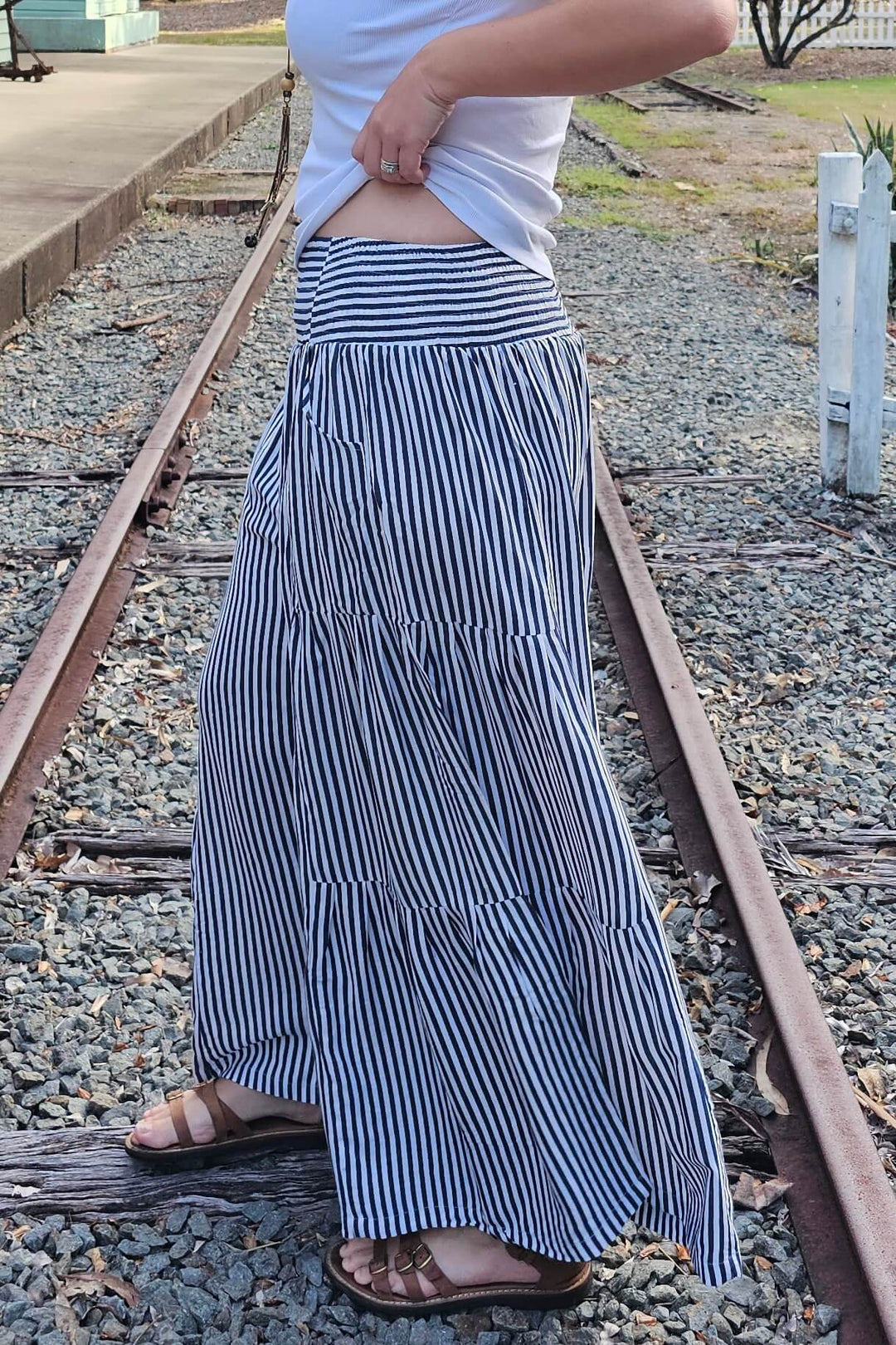 Navy Stripe Frill Pants