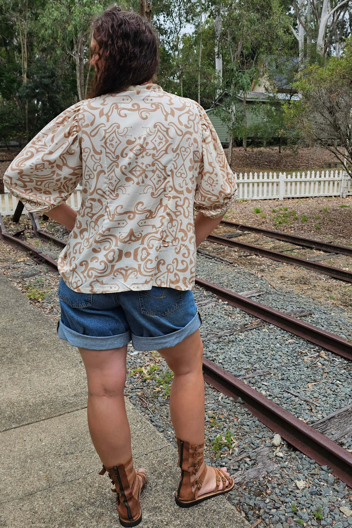 Taupe Swirl Top with Bell Sleeve