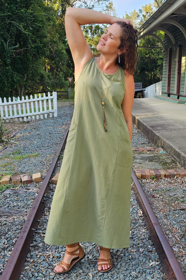 Avocado Cotton Shift Maxi Dress
