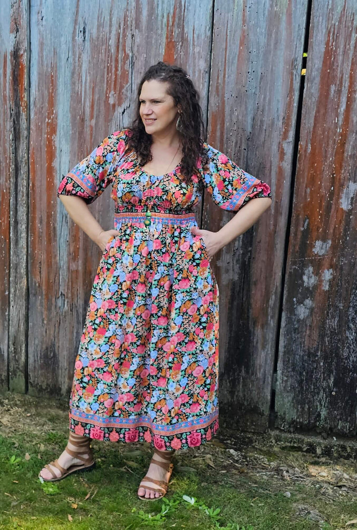 Black Bloom Maxi Cinch Dress