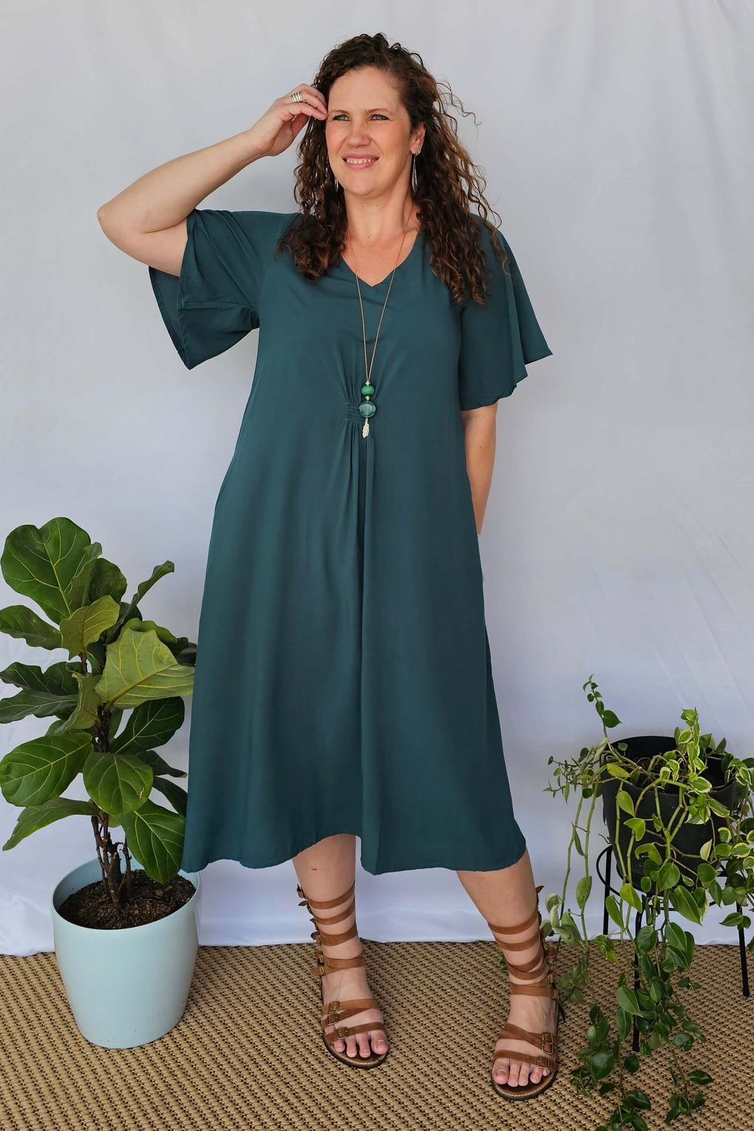 Emerald Ola Dress with Flutter Sleeve