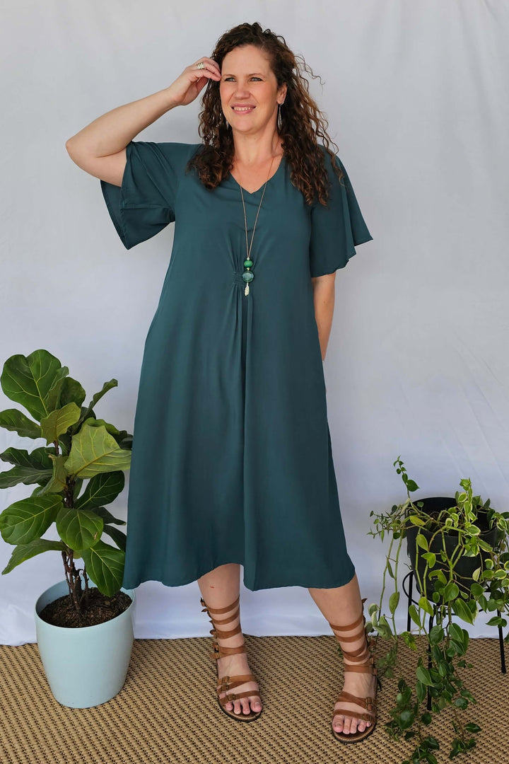 Emerald Ola Dress with Flutter Sleeve