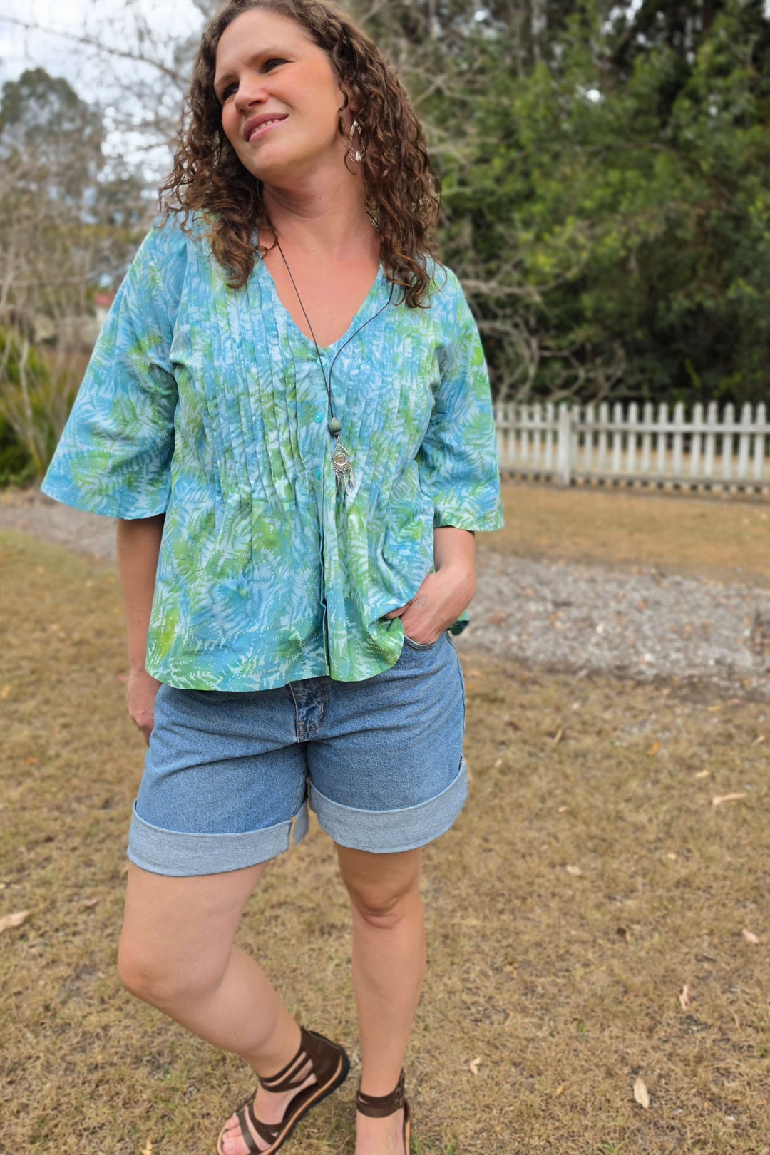 Wild Fern Cotton Top with Flutter Sleeve