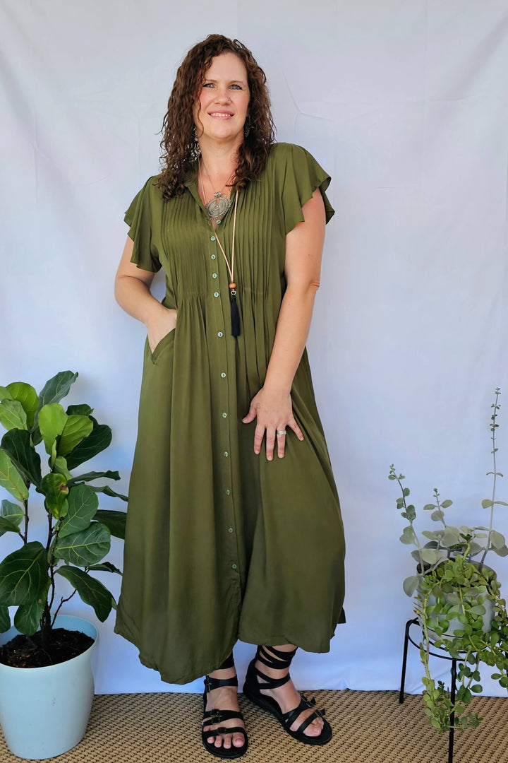Khaki Maxi Dress With Frill Sleeve