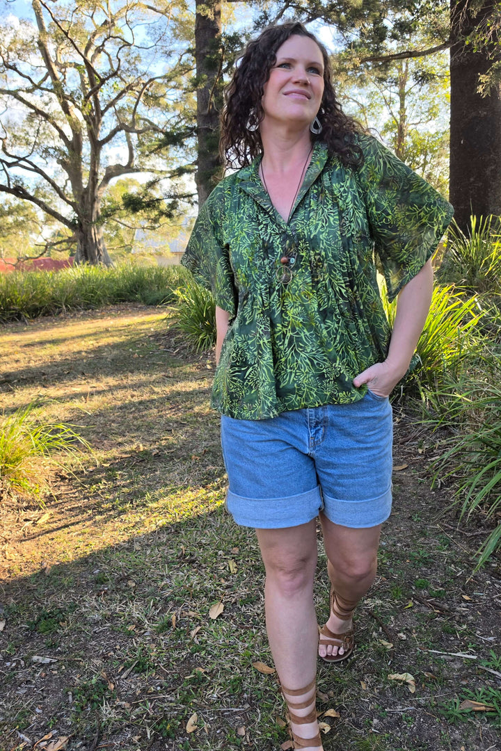 Evergreen Cotton Top with Drape Sleeve