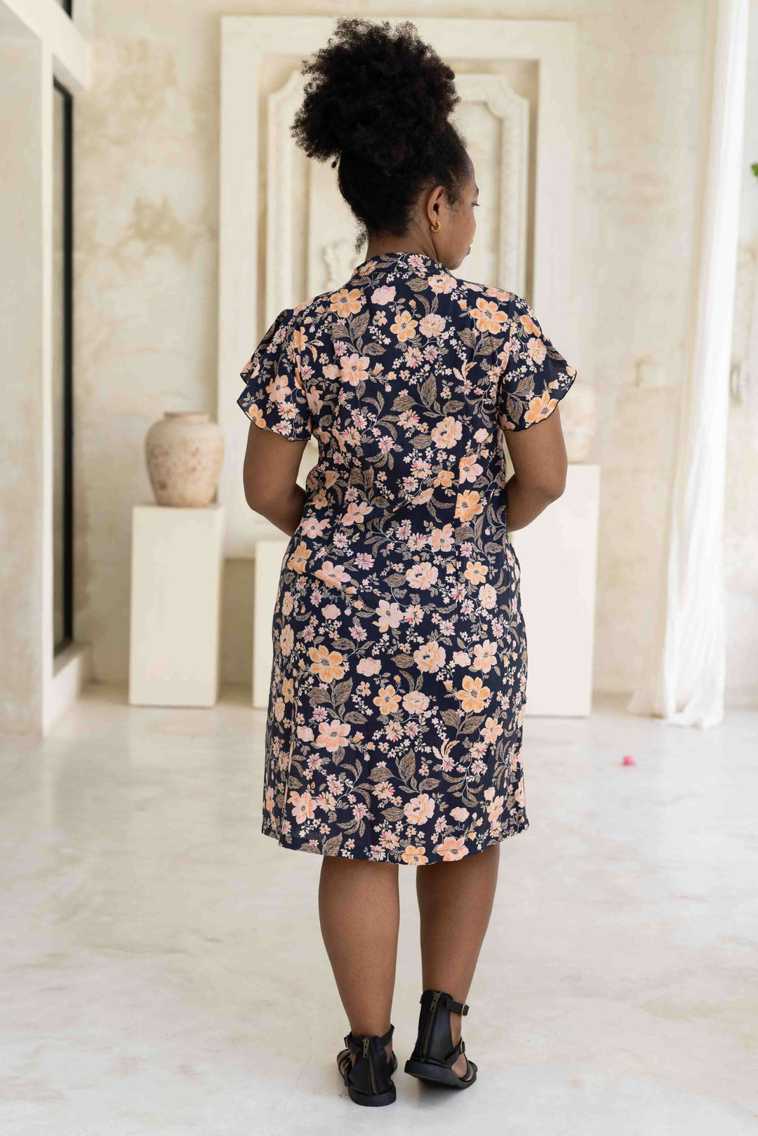 Midnight Pansy Mini Dress With Frill Sleeve