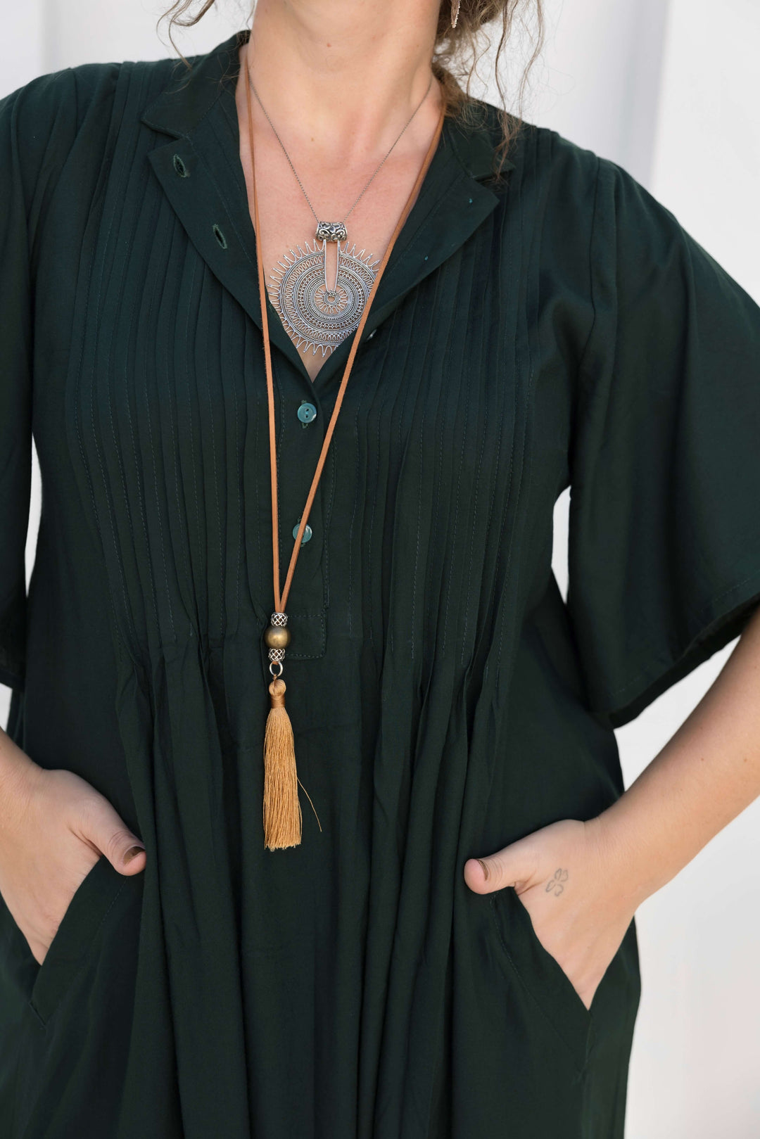 Moody Green Pintuck Midi Dress With Drape Sleeve