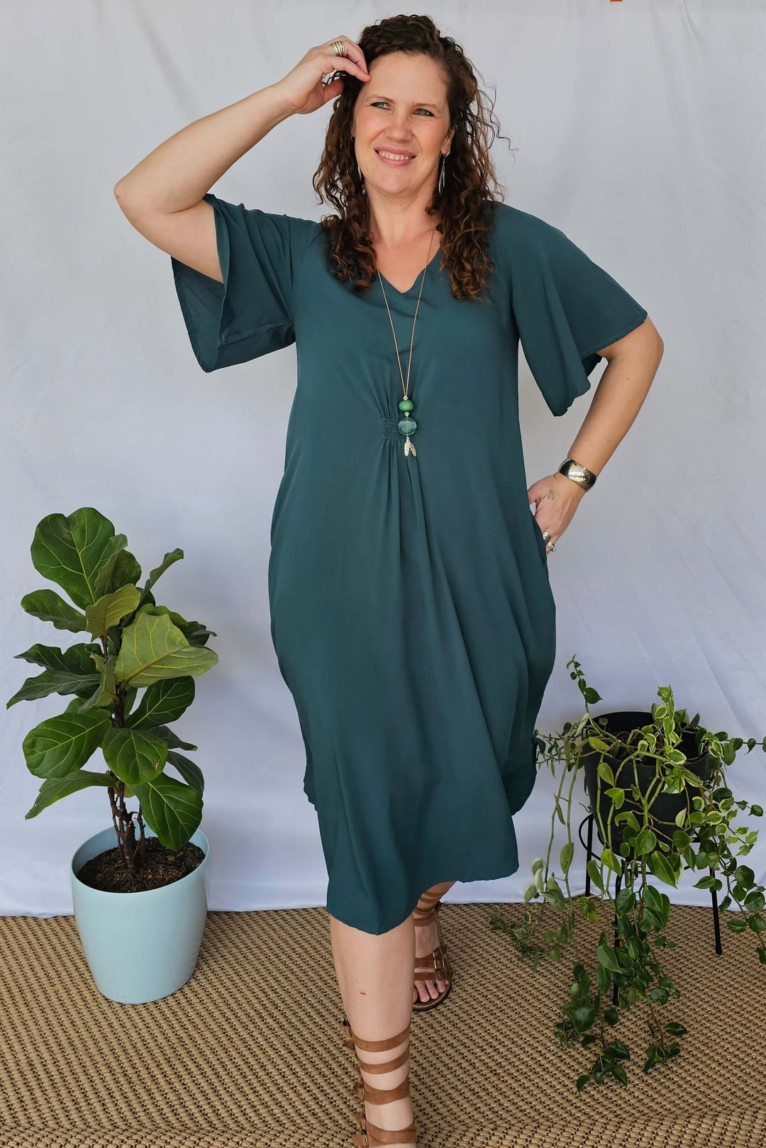 Emerald Ola Dress with Flutter Sleeve