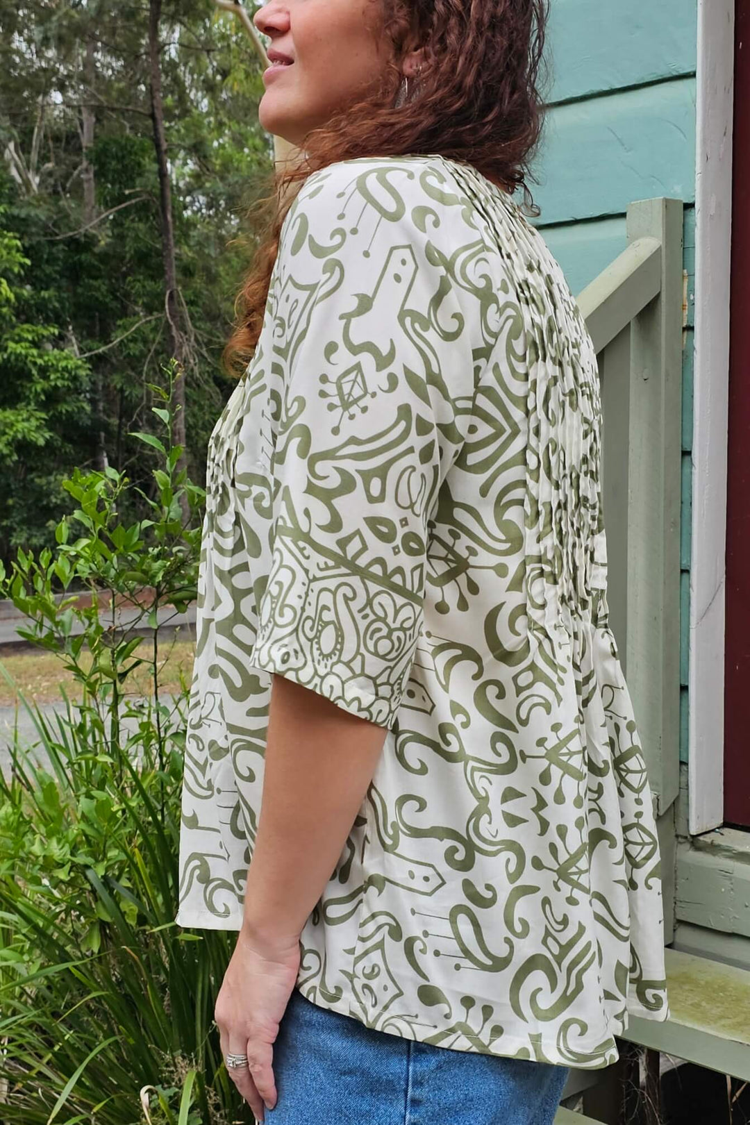 Khaki Swirl Tube Sleeve Pintuck Top