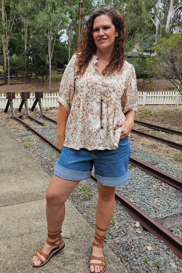 Taupe Swirl Top with Bell Sleeve