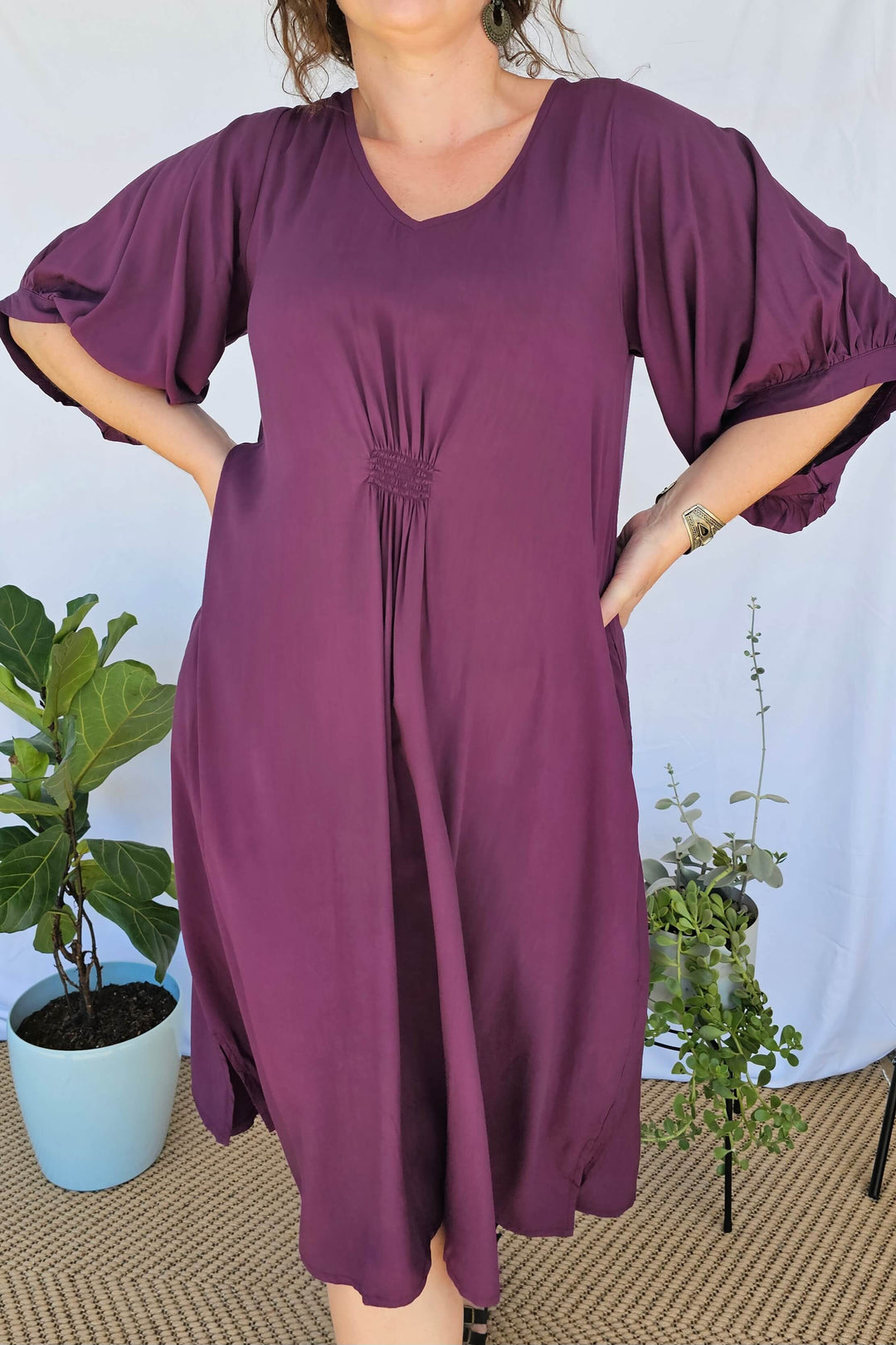 Plum Isla Dress with Bell Sleeve