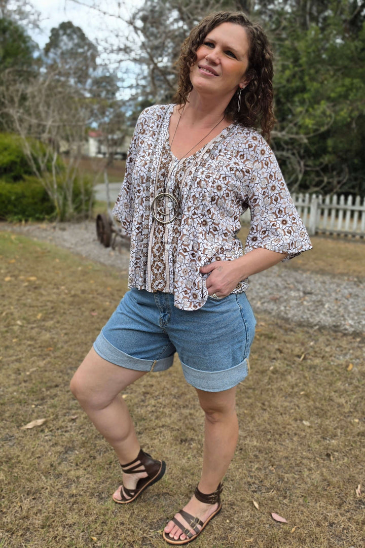 Chocolate Mosaic Top with Flutter Sleeve