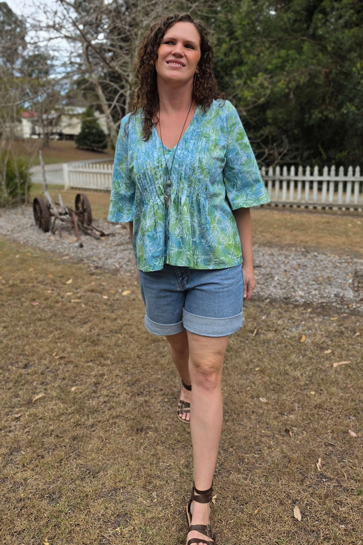 Wild Fern Cotton Top with Flutter Sleeve