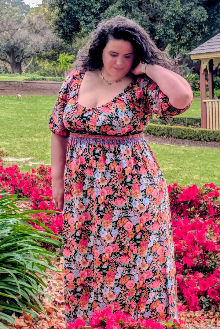 Black Bloom Maxi Cinch Dress