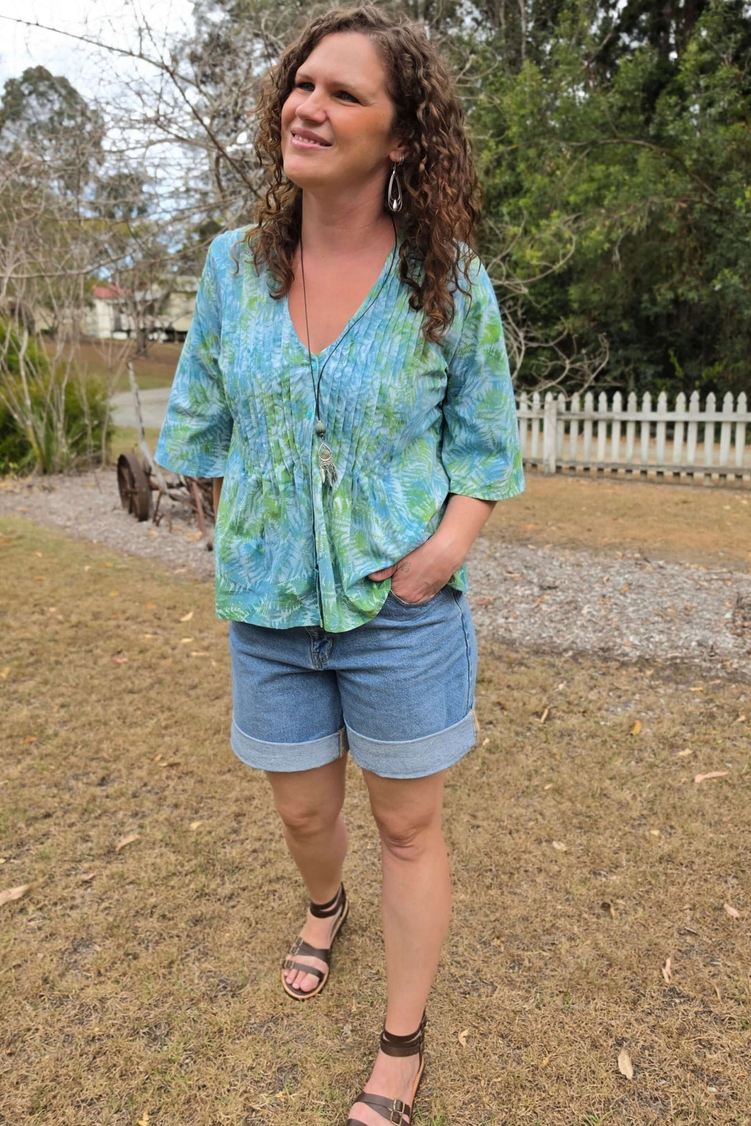 Wild Fern Cotton Top with Flutter Sleeve