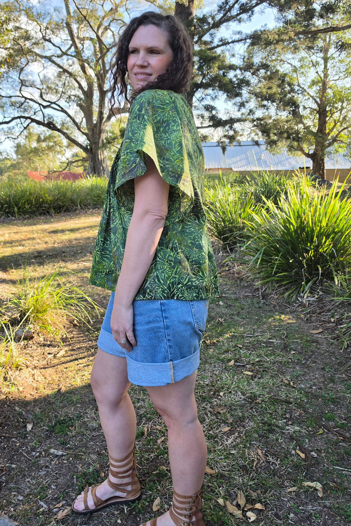 Evergreen Cotton Top with Drape Sleeve