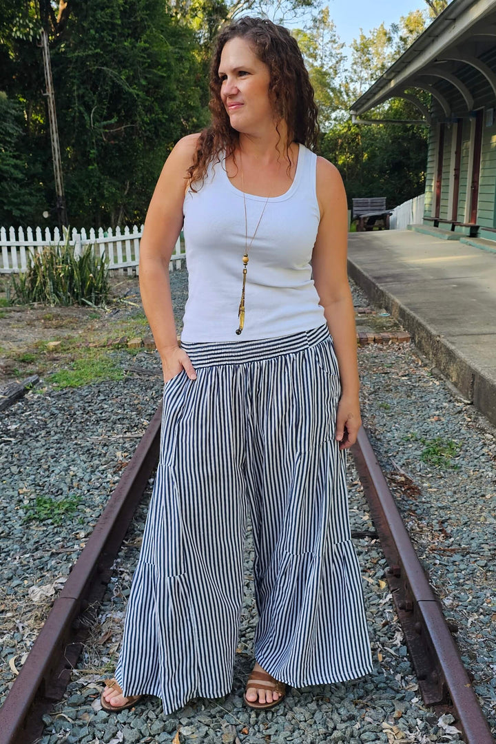 Navy Stripe Frill Pants