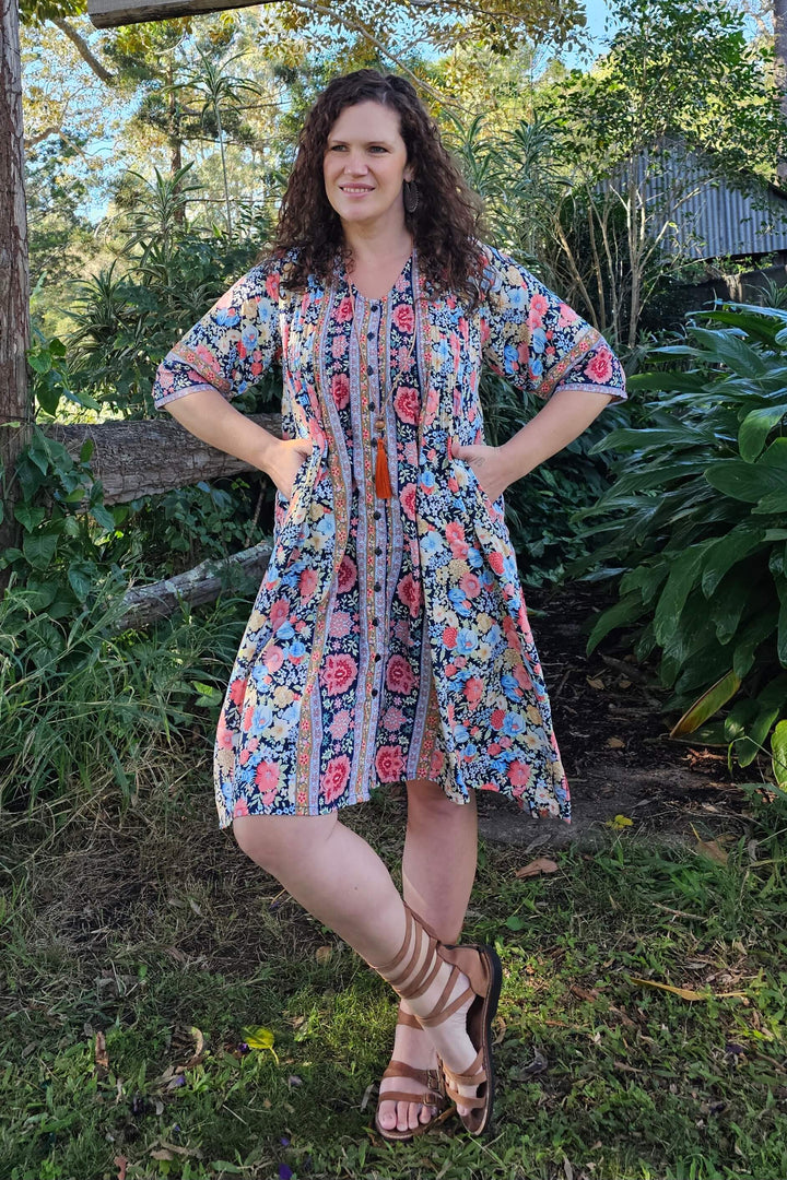 Midnight Bloom Tube Sleeve Pintuck Dress