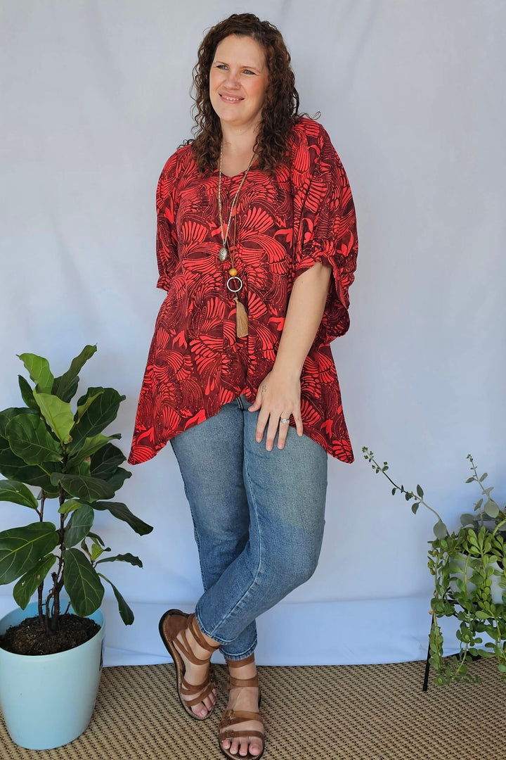 Front view of wine Isla Top with bell sleeves in size 16